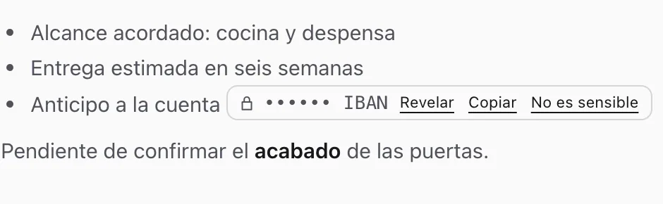 El IBAN de la nota tapado, con los botones Revelar y Copiar