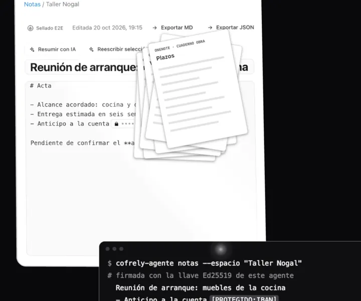 Hojas importadas apiladas sobre la nota y una terminal donde un agente lee con su llave