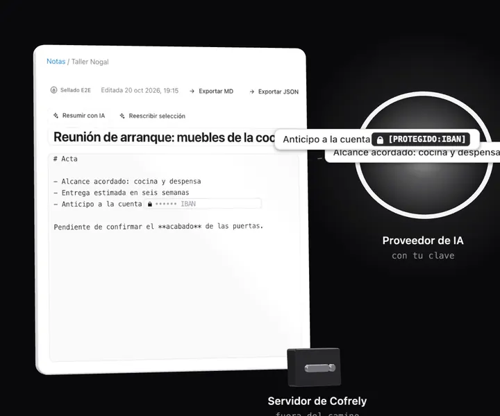 Las frases de la nota viajan a un anillo de luz, el proveedor de IA; la del IBAN va tapada