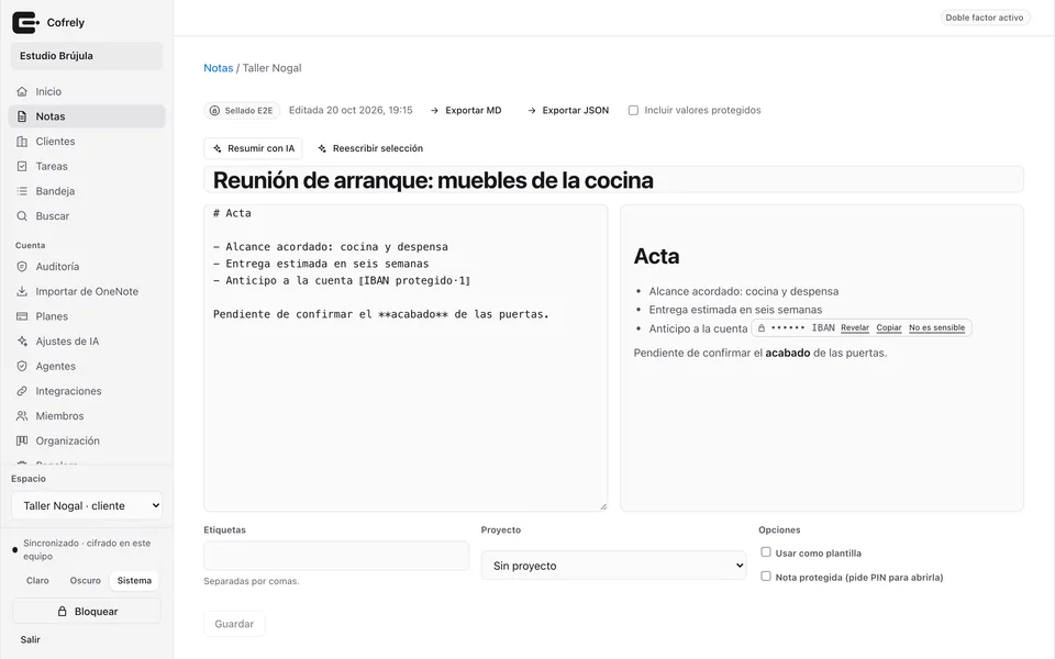 Cofrely mostrando una nota de reunión sellada de extremo a extremo, con una cuenta bancaria enmascarada en el texto