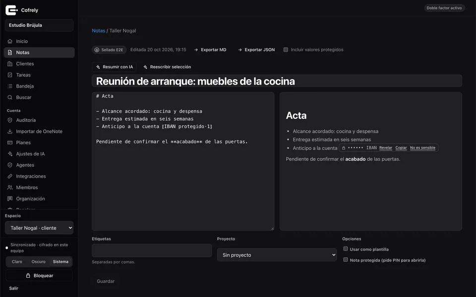 Cofrely mostrando una nota de reunión sellada de extremo a extremo, con una cuenta bancaria enmascarada en el texto